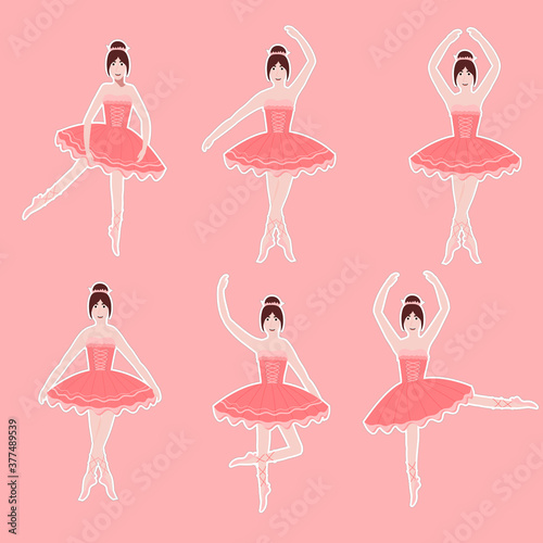 Set of ballerina stickers, cute kid prima dancer in pink tutu in different poses, little gymnastics, vector illustraion