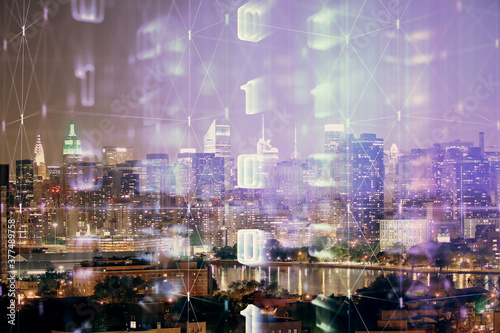 Data theme hologram drawing on city view with skyscrapers background double exposure. Ai concept. © peshkova