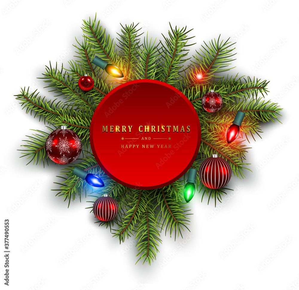 Christmas decoration with fir tree, lights and glass balls, vector 3D christmas background.