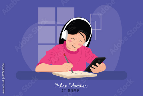 Little girl studying online with the phone