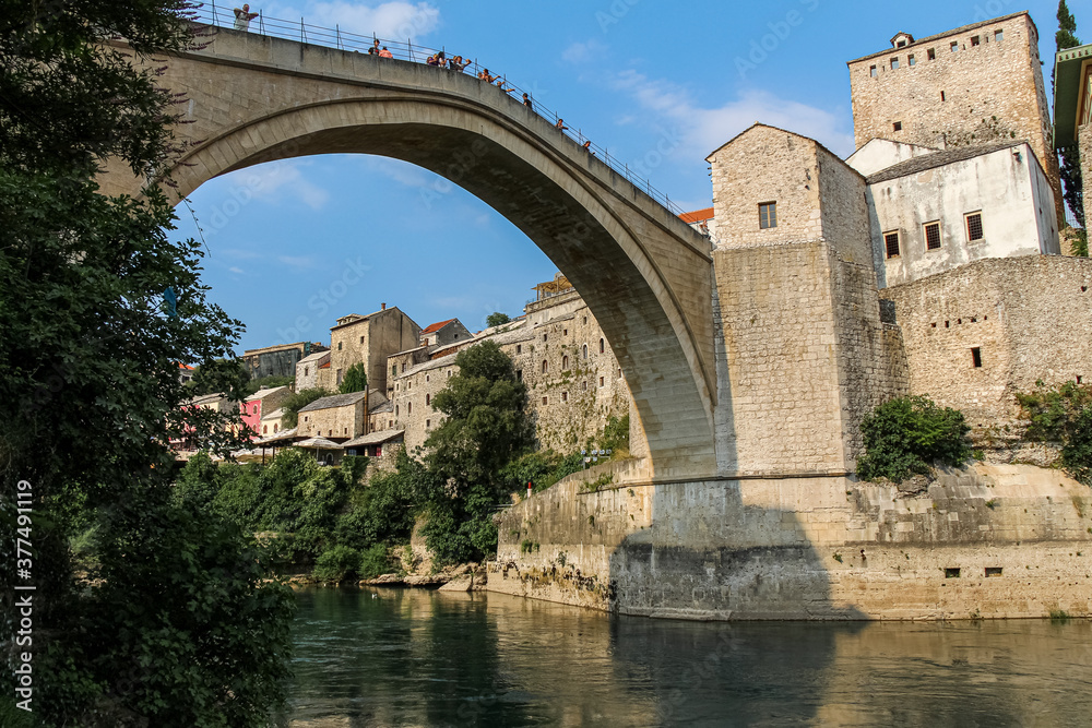Close up of the historic arched Old Bridge of Mostar on the Neretva River