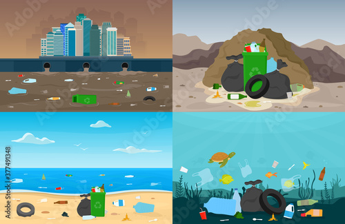 Fototapeta Naklejka Na Ścianę i Meble -  Set of web banners with pollustion environment concept. Pipe with dirty waste in the city. Dirty ocean beach with trash and plastic. Flat vector illustrations.