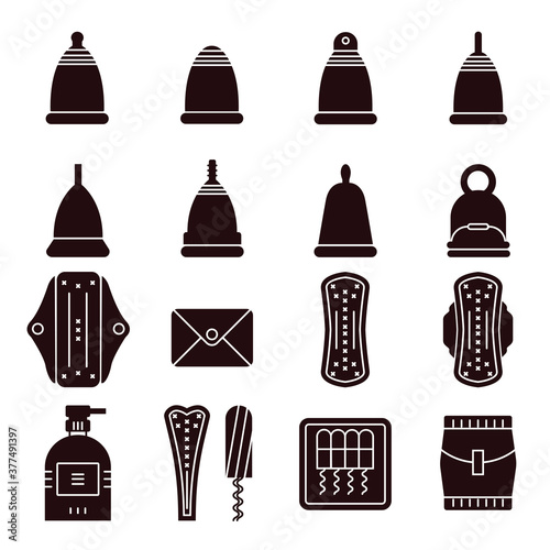 Set of female hygiene and care product flat monochrome icons in material design. Menstrual cup, tampon, feminine pad black silhouette object, sign, symbol.