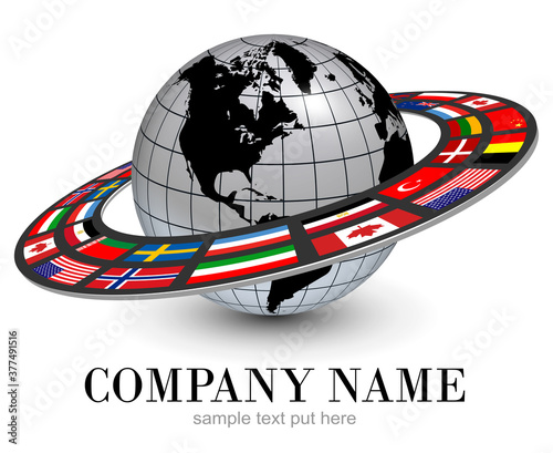 Logo earth globe 3D planet and dynamic orbit with national flags