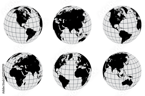 Earth globes set, different views with  parallels and meridians, isolated vector world spheres design. 