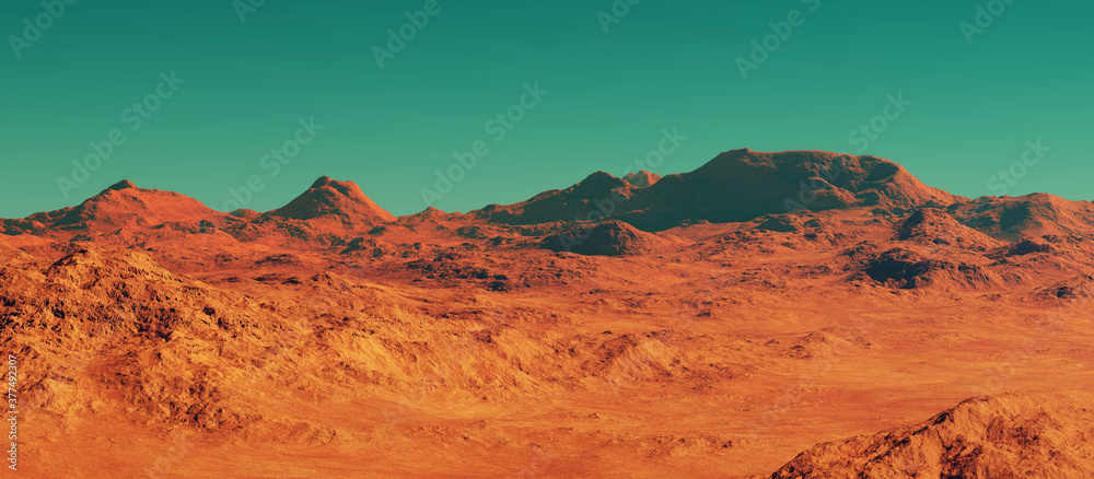 Naklejka premium Mars landscape, 3d render of imaginary mars planet terrain, science fiction illustration.