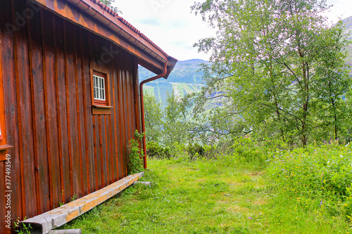 Old brown wooden cabin hut, Hemsedal, Norway. photo