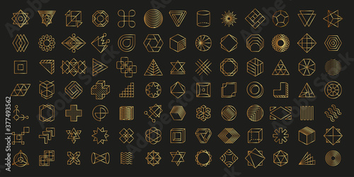 Vector set of linear shapes. Collection of golden geometric shapes on a dark background. Vector set of abstract geometric logos. Art deco, hipster, golden line style.