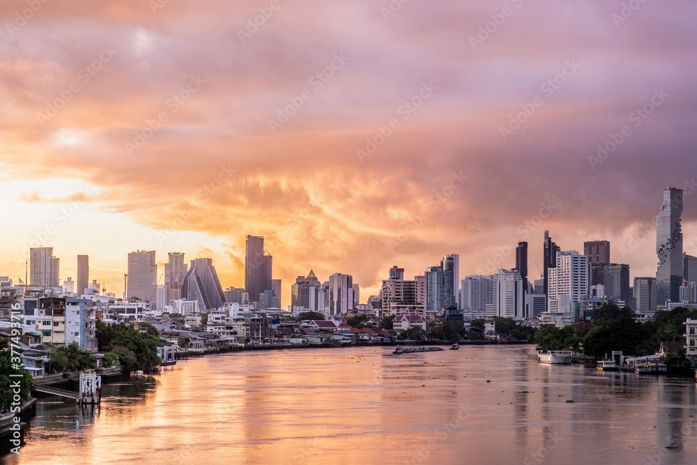 custom made wallpaper toronto digitalBangkok City modern office buildings, condominium, hotel with Chao Phraya River during sunrise sky in the capital of Thailand.