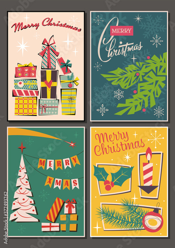 Merry Christmas Postcard Set, Mid Century Modern Greeting Cards, Illustrations, Posters Stylization, Snowflakes, Gifts, Christmas Decorations, Tree, Candle, Holly