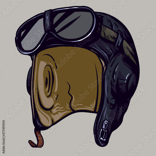 Flying black aviator helmet with goggles.