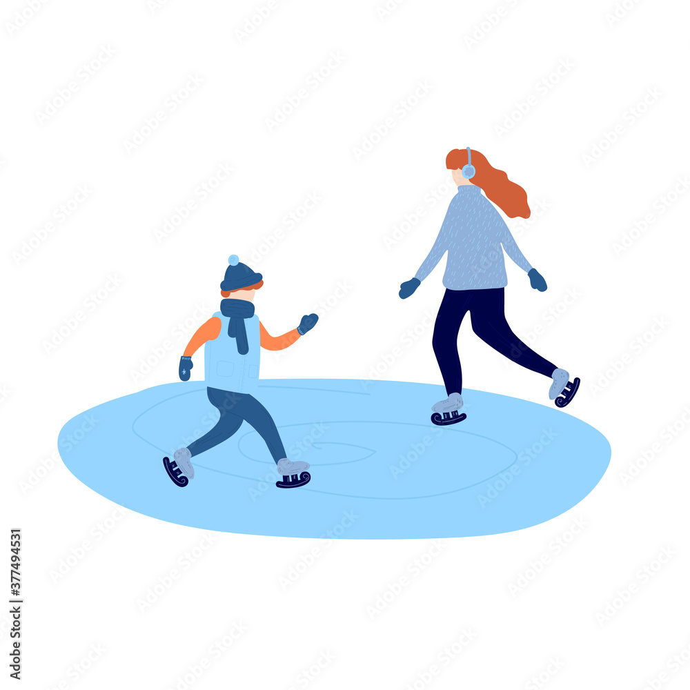 Obraz premium Adults and children are dressed in winter clothing for snowboarding and skiing. Men's and women's cartoon skiing and snowboarding and walking. Winter games on the street, mountain sports. Vector