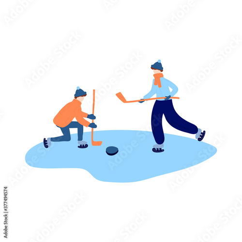 Adults and children are dressed in winter clothing for snowboarding and skiing. Men's and women's cartoon skiing and snowboarding and walking. Winter games on the street, mountain sports. Vector
