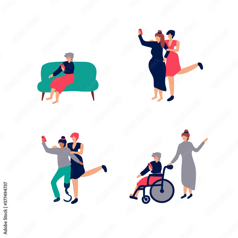 A diverse multi-racial and multicultural group of people of different ages. Happy old men in a wheelchair with a girl, women helping and spending time together. Social diversity. Flat cartoon vector