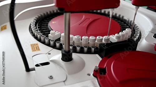 Close up shot of blood samples spinning in centrifuge during fractionation process.