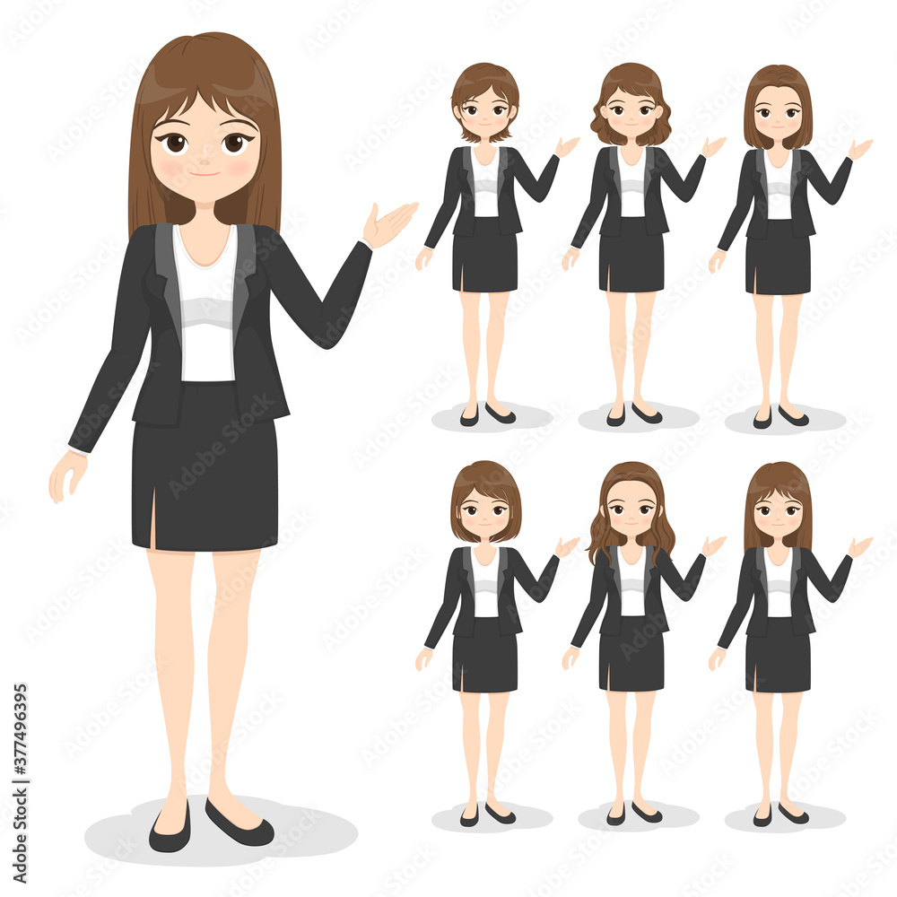 Young business woman in office clothes with hand poses and hair style. Flat cartoon girl in formal uniform (dress, suit). Vector illustration. Young business woman in office clothes with hand poses and hair style. Flat cartoon girl in formal uniform (dress, suit). Vector illustration.