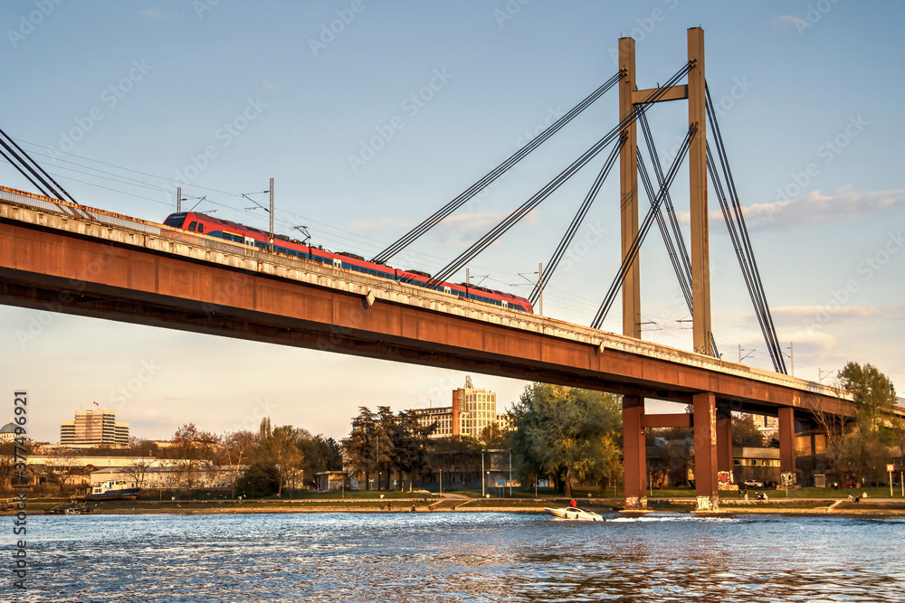 Fototapeta premium A passenger train crossing the bridge