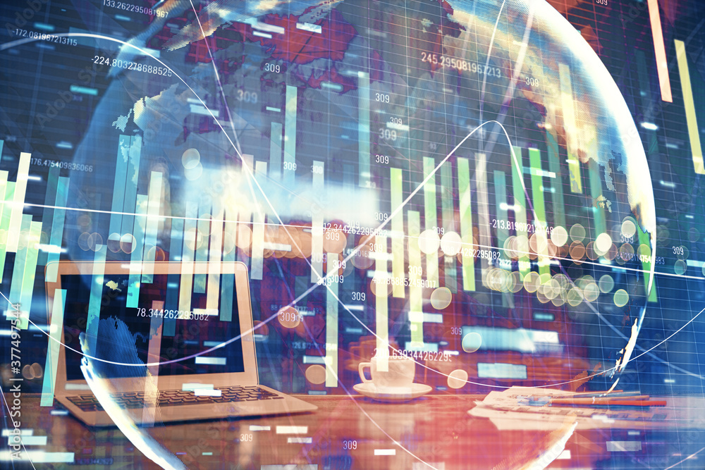 Multi exposure of business theme icons and table with computer background. Concept of success. Multi exposure of business theme icons and table with computer background. Concept of success.