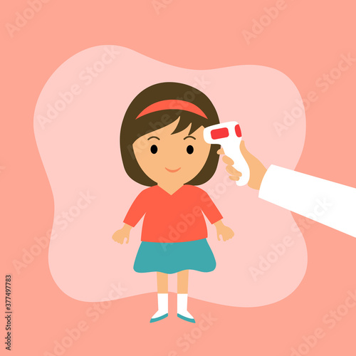 Measuring the temperature of a children girl with medical digital infrared thermometer in front view. Covid19 Coronavirus thermo scan checkpoint concept vector illustration.
