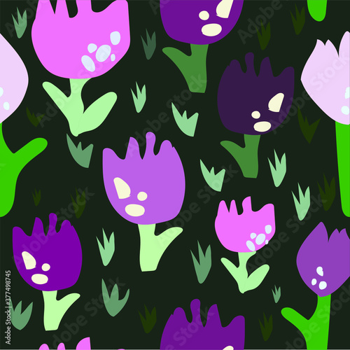 Tulips in pinks mauve colour vector seamless illustration Repeating floral pattern Use for fabric , ribbons, summer decor, greeting cards, background wallpaper art.Orange, red, pinks colour flowers.