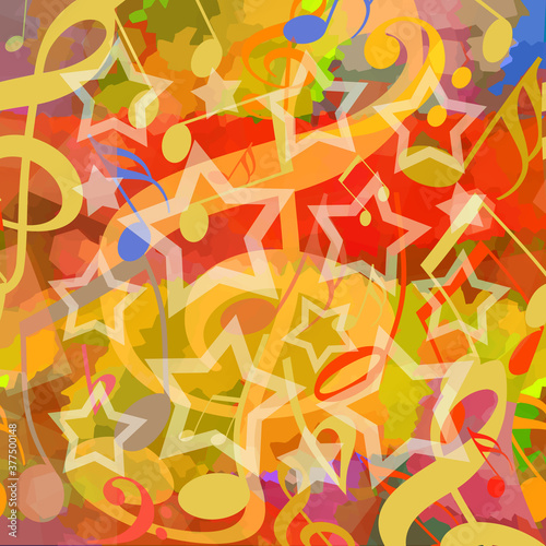 Dancing musical notes and stars on a bright colorful groovy background