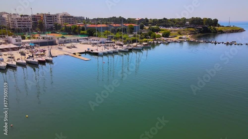 Drone shot over a marina in Thessaloniki, Greece during summer