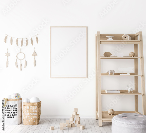 Frame mock up in farmhouse baby room, natural wooden furniture in nursery design on white wall background, 3d render © lilasgh