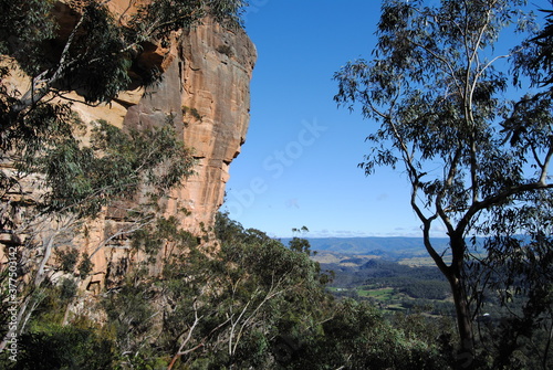 The bright cliffs with the rocks in the Blue Mountains in the national park, Australia
