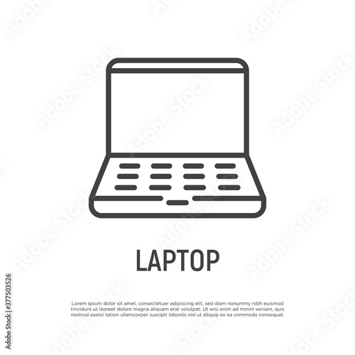 Open cartoon laptop thin line icon. Vector illustration.