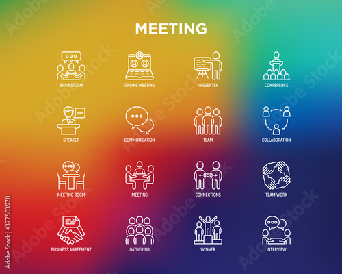 Meeting thin line icons set: speaker, communication, collaboration, teamwork, brainstorm, online meeting, conference, presenter, business agreement, gathering, interview. Vector illustration.