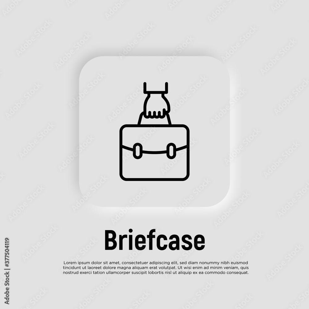 Briefcase in hand thin line icon. Symbol of portfolio. Vector illustration.