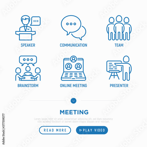 Meeting thin line icons set: speaker, communication, collaboration, teamwork, brainstorm, online meeting, presenter. Vector illustration.