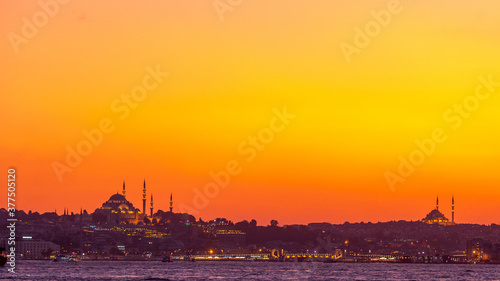 Evening view of the coast of Istanbul, silhouettes of mosques