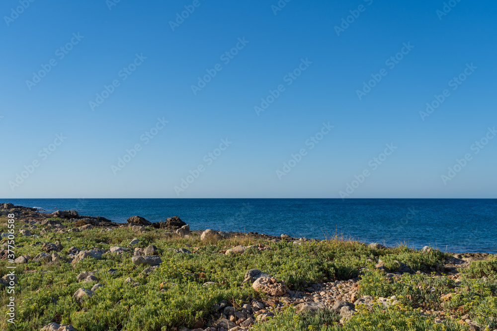 Rocky shore of Posto Rosso, Salento, Puglia, Southern Italy, with green and lush vegetation, in a sunny summer day, with bright colors, clear water and blue sky. 