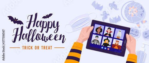 Children in Halloween dress video meetings due to the outbreak of the COVID-19 pandemic. Vector