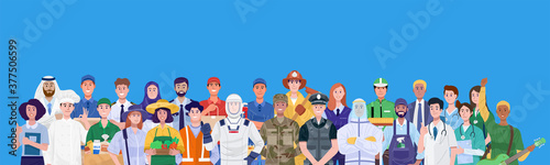 Group of different occupations standing on blue background. Vector
