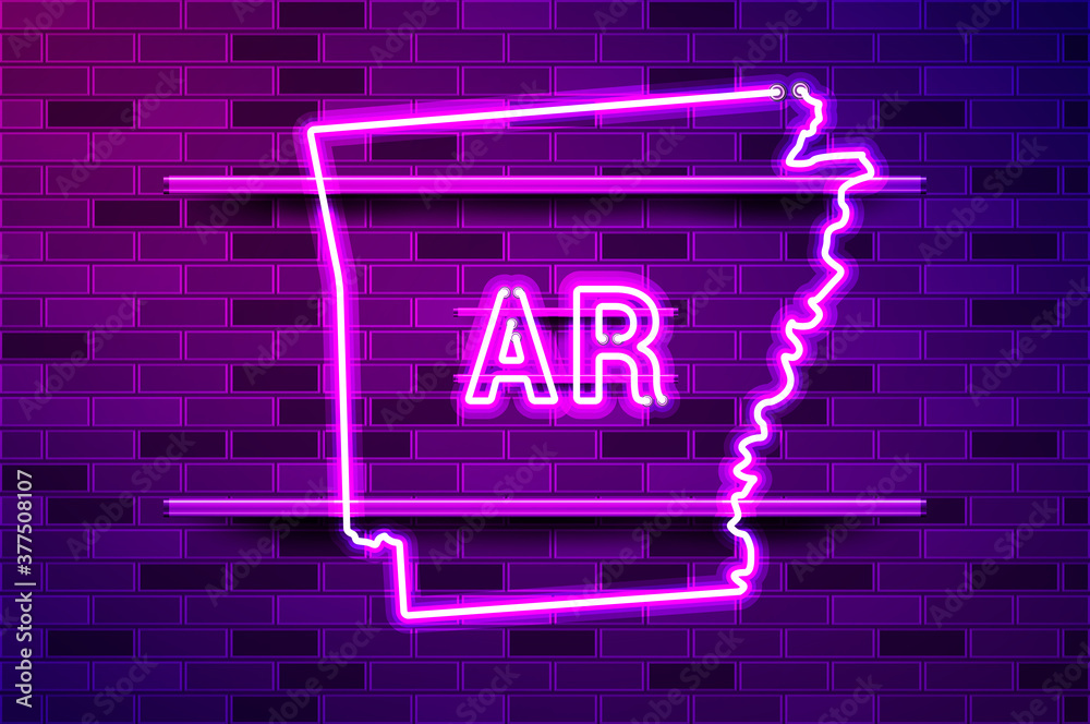 Arkansas US state glowing purple neon lamp sign Arkansas US state glowing purple neon lamp sign