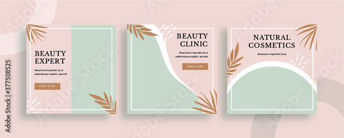 Set of editable templates for Instagram post, Facebook square, corporate, advertisement, and business, store, skincare, fresh design with simple pink and brown color. (3/3)
