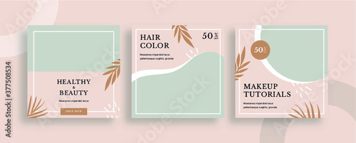 Set of editable templates for Instagram post, Facebook square, corporate, advertisement, and business, store, skincare, fresh design with simple pink and brown color. (1/3)