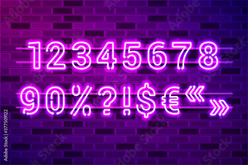 Glowing purple neon lamp numbers and special characters