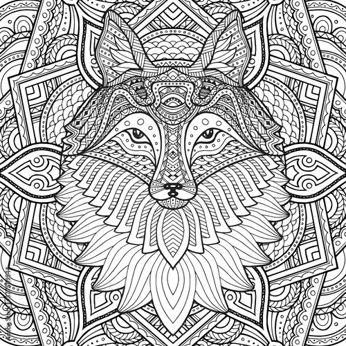 Fox head in detailed style. Zentangle fox. Vector pattern for tribal design. Geometric Ethnic motif with rhombus, triangles. Graphic style. Fox for print, web, textile, wrapping paper. © Yurii