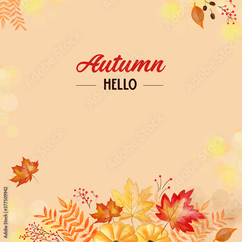 Floral autumn background illustration with watercolor fall leaves and other autumn elements.