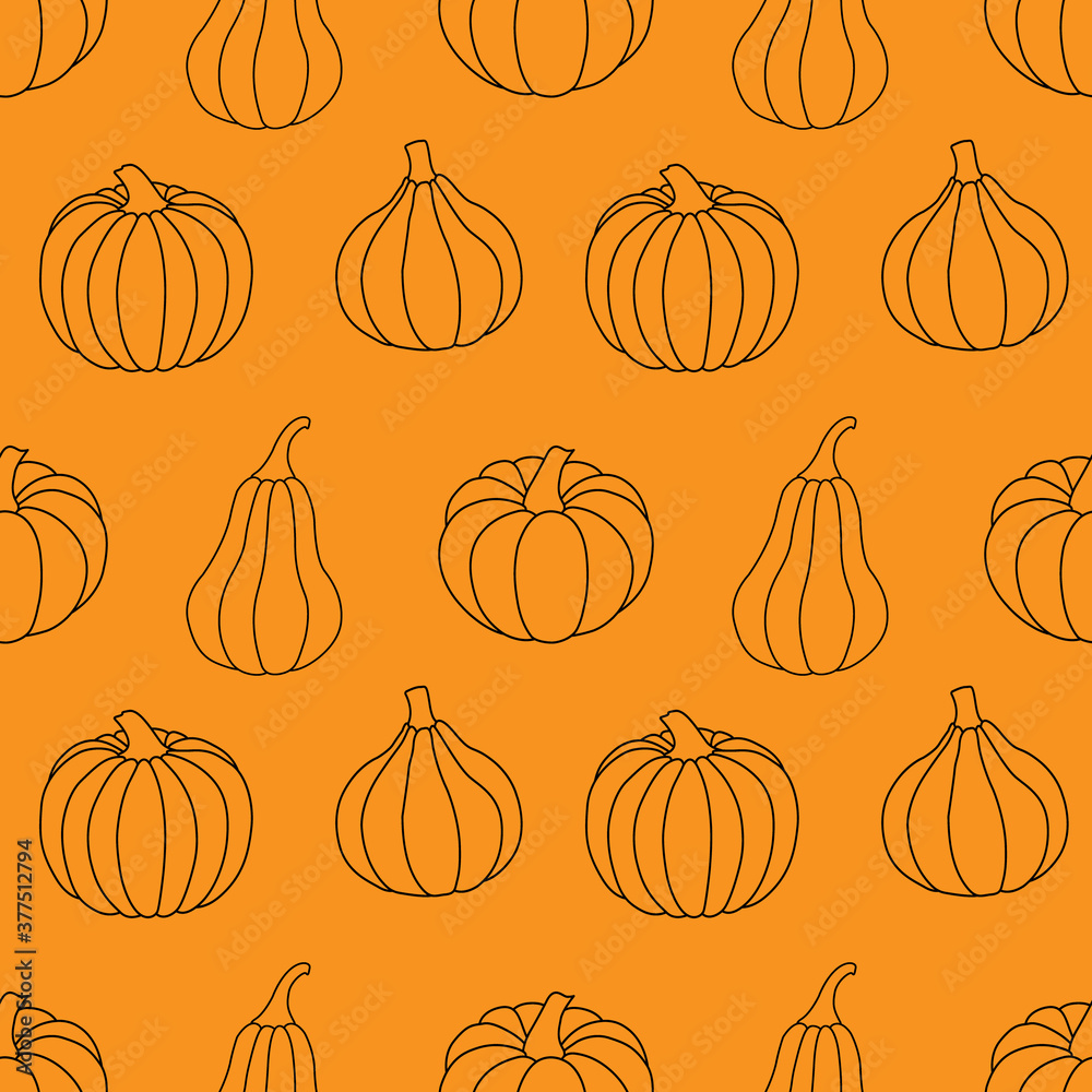 Seamless pattern with black outline pumpkins on an orange background. Vector illustration. For thematic background decoration, cards, banners, holiday designs, prints, wrappings, textiles, fabrics. Seamless pattern with black outline pumpkins on an orange background. Vector illustration. For thematic background decoration, cards, banners, holiday designs, prints, wrappings, textiles, fabrics.