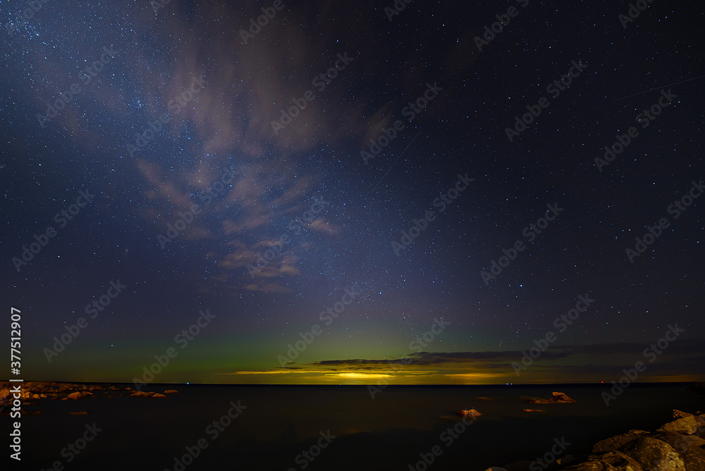 Aurora Boralis and milky way on a Bltic sea