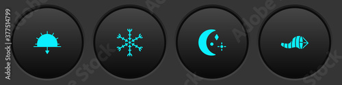 Set Sunset, Snowflake, Moon and stars and Cone meteorology windsock wind vane icon. Vector.