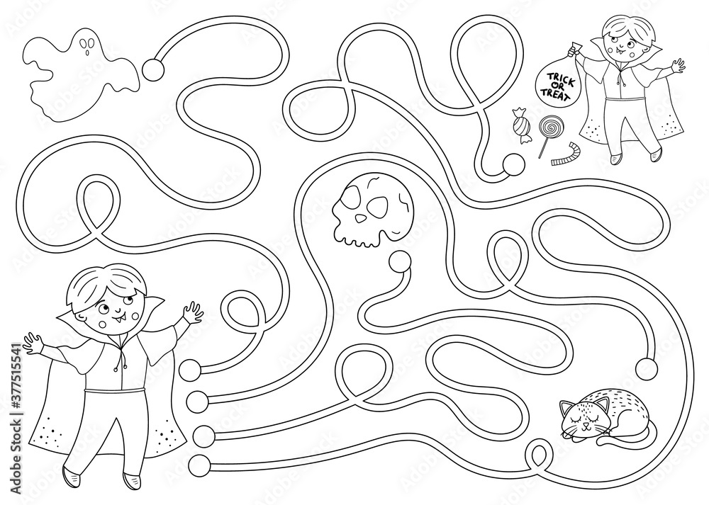 Halloween black and white maze for children. Autumn preschool printable educational activity. Funny day of the dead game or coloring page. Help the boy get to the sweets .