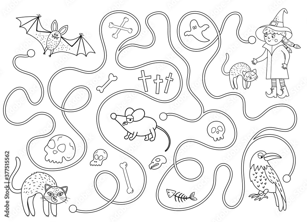 Halloween black and white maze for children. Autumn preschool printable educational activity. Funny day of the dead game or puzzle with black kitten, bat, mouse. Help the cat get to the witch.