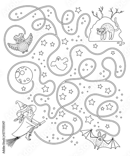 Halloween black and white maze for children. Autumn preschool printable educational activity. Funny day of the dead game or coloring page. Help the witch get to her hill .