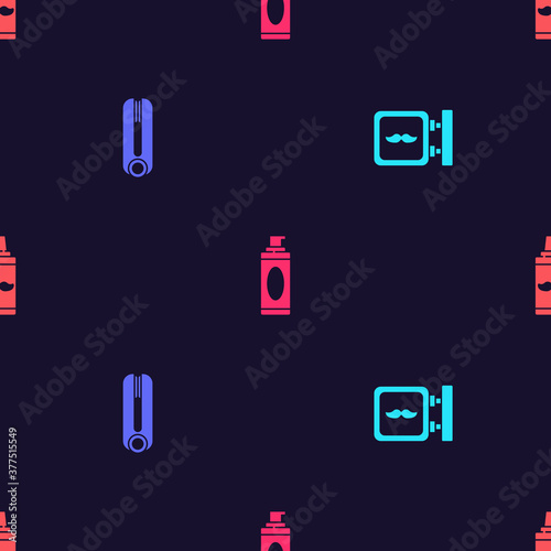 Set Barbershop, Curling iron for hair, Shaving gel foam and on seamless pattern. Vector.
