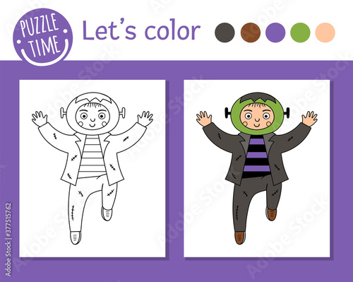 Halloween coloring page for children. Cute funny boy dressed like monster. Vector autumn holiday outline illustration. Trick or treat dress party color book for kids with colored example.